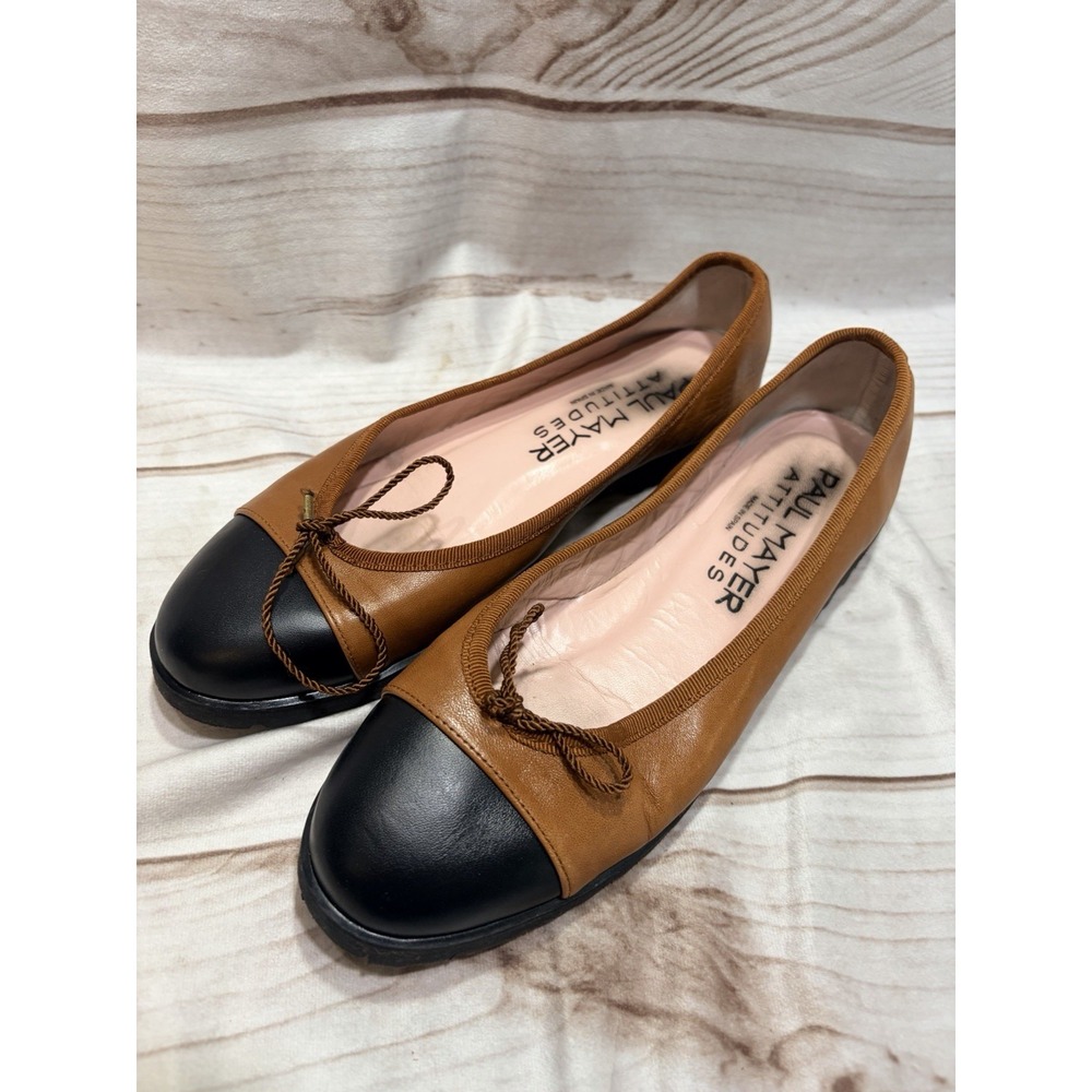 Paul Mayer Attitudes Leather Ballet Flats Brown Black Cap Toe Bow Size 8B